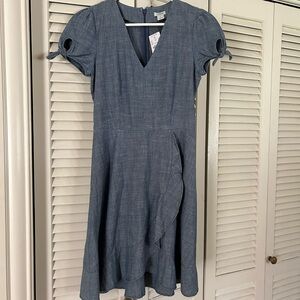 NWT J. Crew Faux Wrap Chambray Blue Dress. 100% Cotton. Size 00.